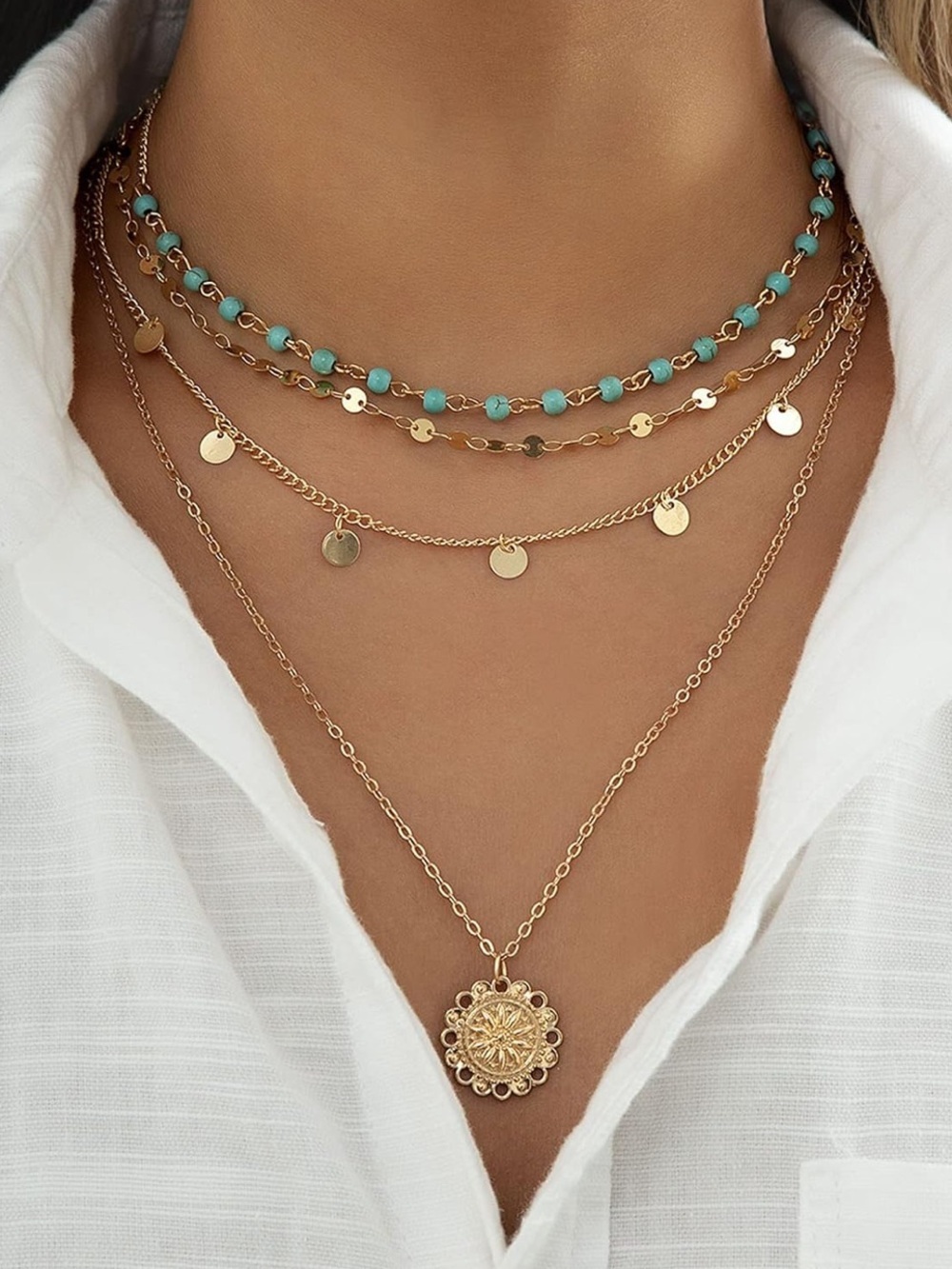 Anthropologie Gold Layered Coin Necklace with Turquoise Beads - Picture 3 of 6